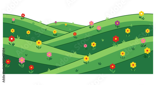 Spring meadow landscape with colorful flowers on rolling green hills landscape blooming environment botanical colorful background