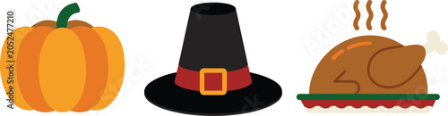 Photos "Festive Thanksgiving vector illustration featuring roasted turkey, pumpkin, and