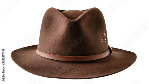 Fotografie Brown felt fedora hat with leather band and eyelets