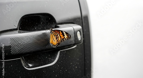 Monarch butterfly on car door handle.