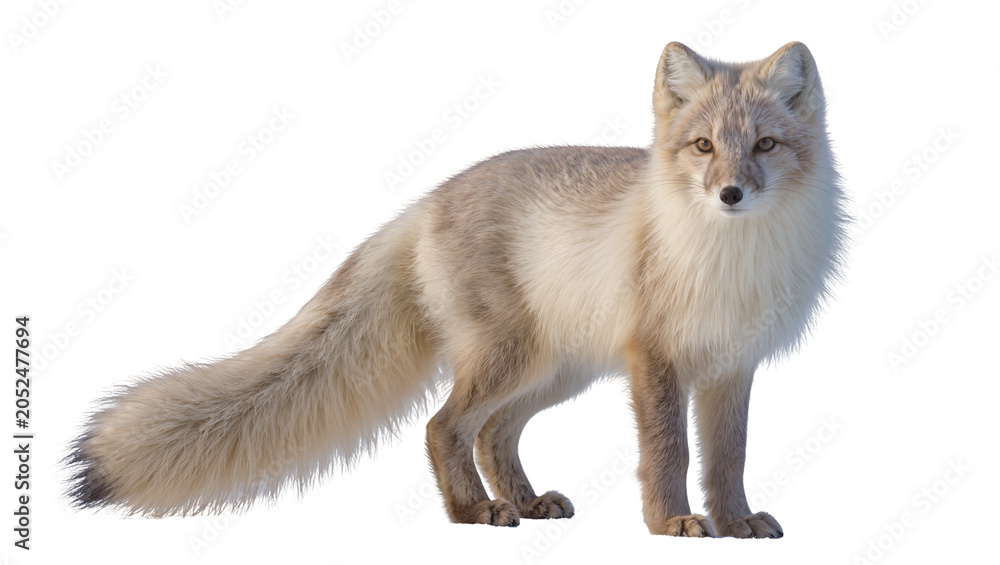 Fototapeta premium Arctic fox with fluffy tail and fur standing