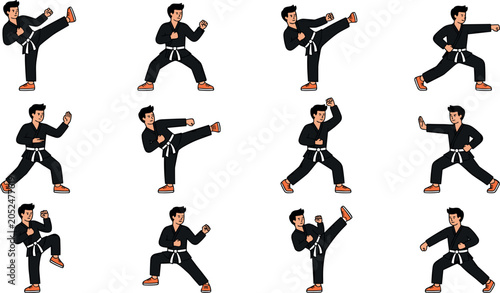 Canvas-taulu Martial Arts Vector Character Set with Man in Black Gi Uniform Performing Karate