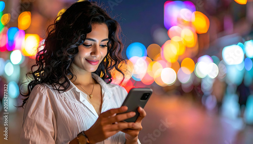 Smiling woman using smartphone at night with blurred colorful city lights bokeh background