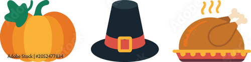 Photos "Festive Thanksgiving vector illustration featuring roasted turkey, pumpkin, and
