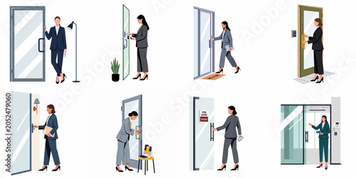 Bild auf Leinwand Set of professional businesswomen in suits opening office doors, unlocking entrances, and showing properties for lease in various corporate settings