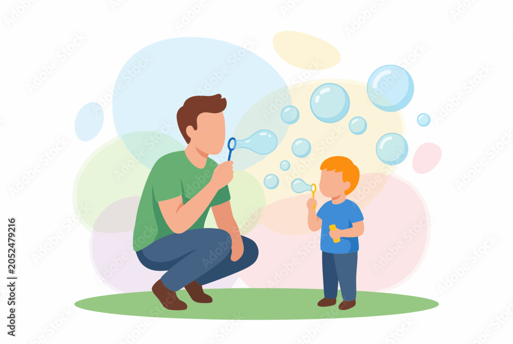 Fototapeta premium Father and Son Blowing Bubbles Together in the Park Vector