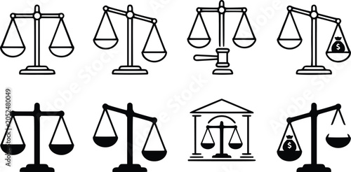 Quadro su tela Scales of Justice and Law Icons Set, Black Silhouette and Outline