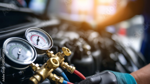 Professional automotive air conditioning diagnostic gauges connected to vehicle engine. Car maintenance, repair service and HVAC system inspection in modern auto workshop.