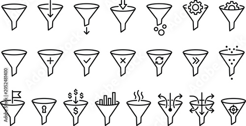 Quadro su tela Sales funnel and data filtering conversion marketing outline icon set with finan
