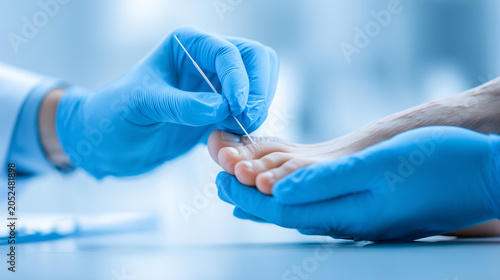Healthcare professional wearing protective gloves performs a podiatry or diabetic foot care procedure on a patient. Close-up medical treatment concept focused on hygiene, prevention, and wellness.