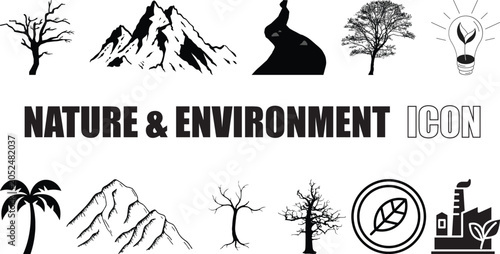 Nature & Environment Icon Set Trees, Mountains, River, Eco Symbols Vector