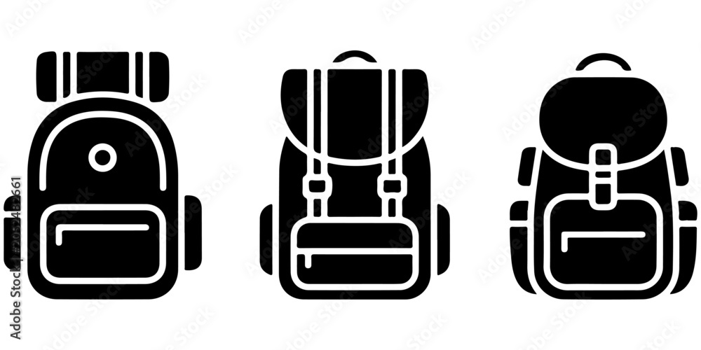 Fototapeta premium Backpack icon set featuring school bags, travel backpacks and hiking packs isolated on light background, black silhouette collection for education, tourism and outdoor design projects