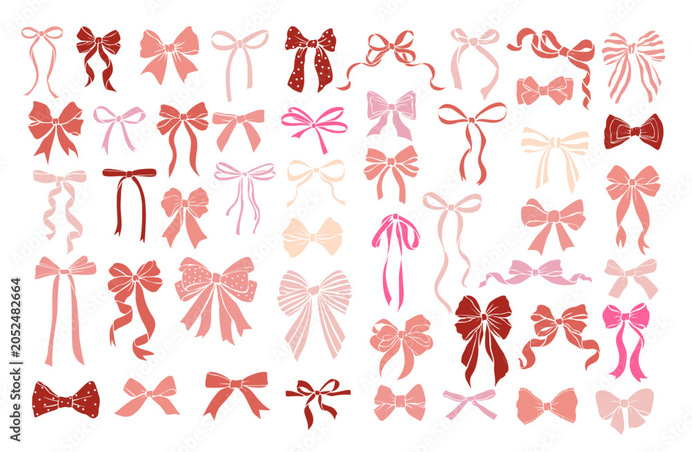Fototapeta premium Pastel bows in soft pinks and reds. Curved ribbons, elegant and playful. Perfect for design, gift wrapping, or fashion projects. Ideal for websites, packaging, or promotional materials