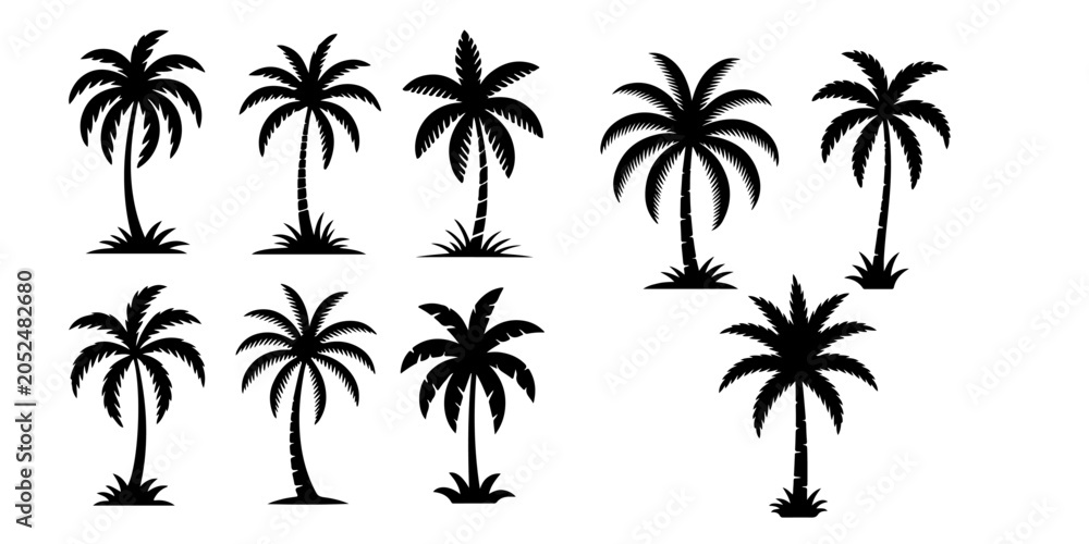 Fototapeta premium Palm tree silhouette collection with tropical coconut palms isolated on light background, exotic summer nature icons for travel, beach, vacation and landscape design themes