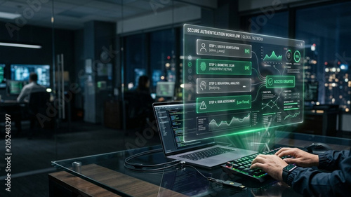 IT professional working at a desk in a dark office using a laptop with a digital holographic interface showing secure authentication workflow steps and biometric data access granted.