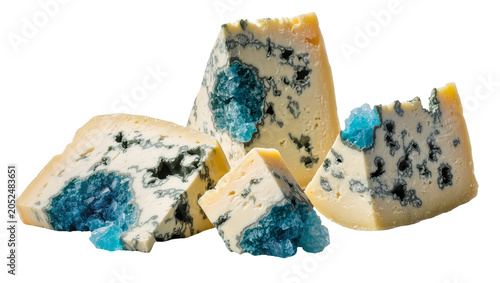 Fényképezés Gorgonzola cheese wedges with blue mold veins and crystals