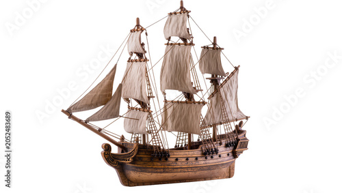 Konstfotografi Wooden tall ship model with tan sails and rigging