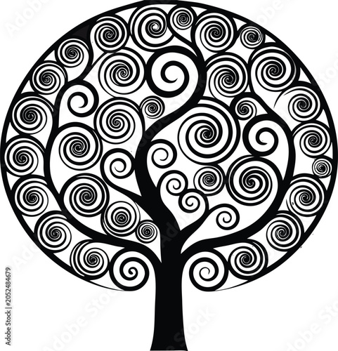 Black tree, swirling branches, circular silhouette, decorative foliage, vector icon