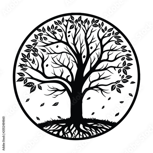 Tree silhouette, circular tree logo, black tree icon, autumn tree vector