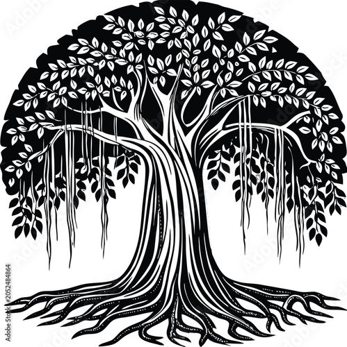 Black tree icon, tree roots illustration, vector tree silhouette, root system diagram
