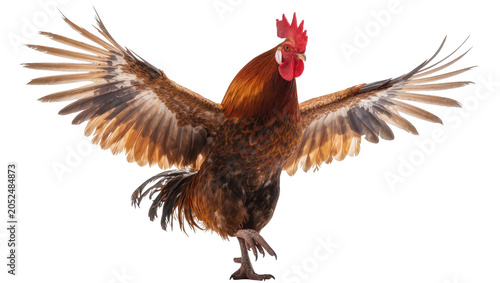Konstfotografi Rooster with wings spread wide, standing on one leg
