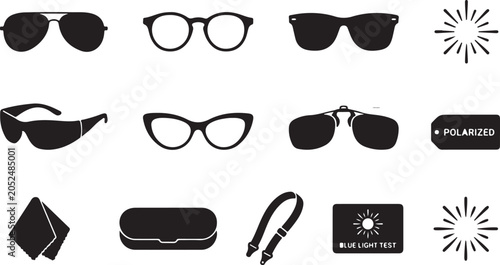 Konstfotografi Eyewear and accessories set featuring various sunglasses, eyeglasses, a polarize