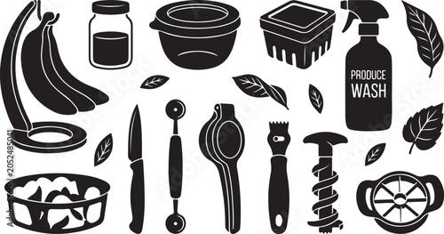 Tableau sur toile Kitchen and food preparation tools in black silhouette style, featuring a banana