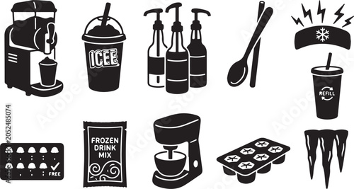 Fotografi Set of black and white frozen drink and kitchen featuring slushy machine, cup, s