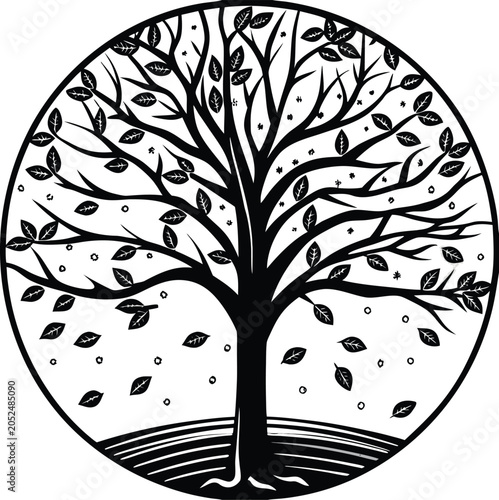 Tree, black and white, circular illustration, vector tree icon
