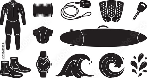 Foto Surfing equipment set featuring a wetsuit, surfboard, leash, wax comb, traction