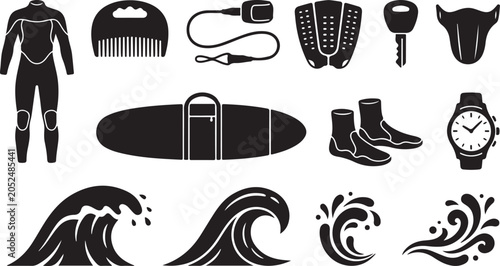 Bild auf Leinwand Surfing gear and ocean wave set featuring a wetsuit, surfboard bag, wax comb, le
