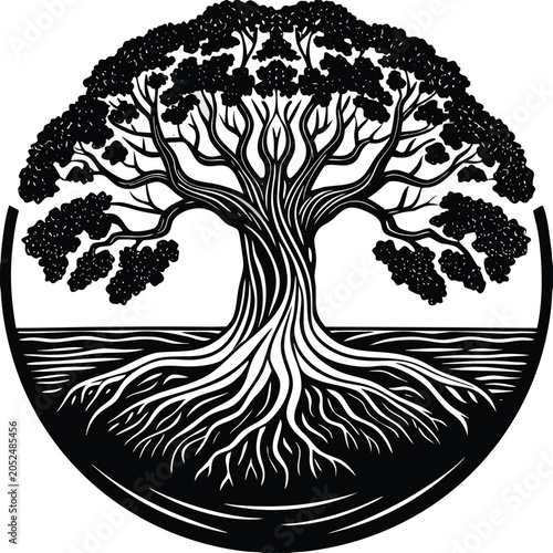 Tree, tree roots, black and white, vector illustration, circular frame, landscape design element