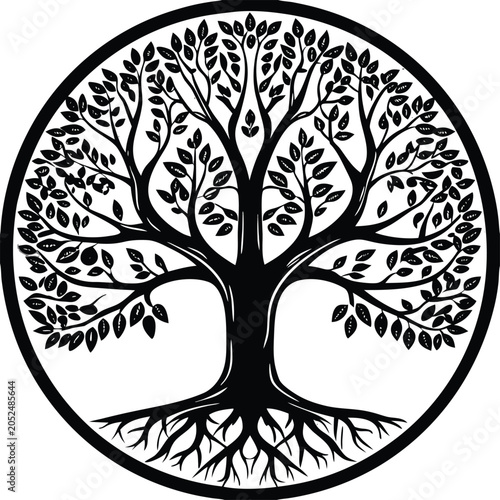 Tree of Life Vector Icon, Black Silhouette, Circular Design, Nature Symbol