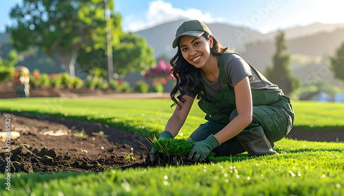 Smiling gardener planting small green bush in sunny garden, outdoor hobby, nature care, springtime