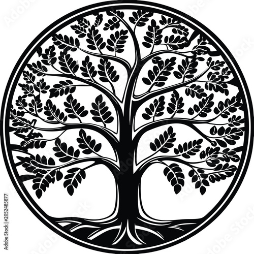 Black tree icon, circular tree logo, leafy tree silhouette, monochrome tree emblem