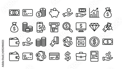 Collection of various financial icons such as money and payment methods on white background