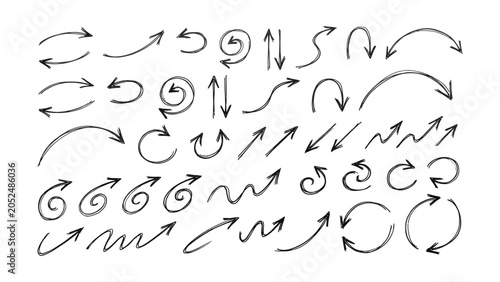 Hand drawn arrows collection in various directions and shapes on white background for graphic design  many different types of arrows