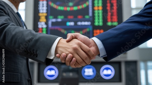 Business handshake in front of stock market trading chart and financial data screen