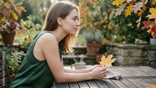 A woman in green sits at an outdoor table peacefully holding a yellow maple leaf next to a steaming mug. It conveys serenity, autumn warmth, and quiet, mindful contemplation.