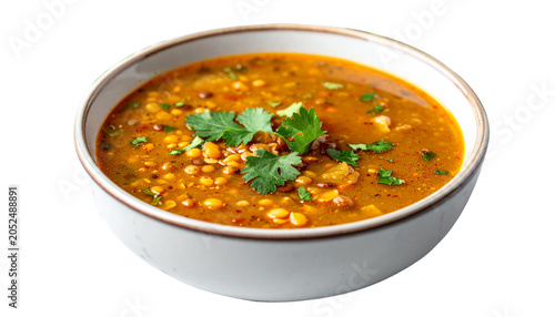 Traditional lentil soup with fresh herbs, steaming hot, isolated on transparent background