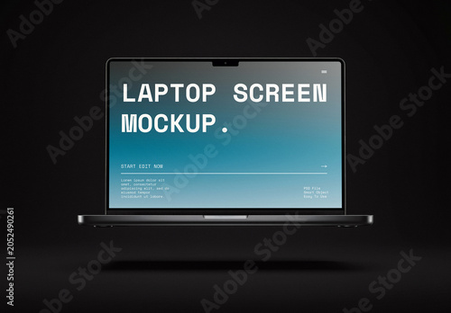 Flying Laptop Computer In Dark Studio