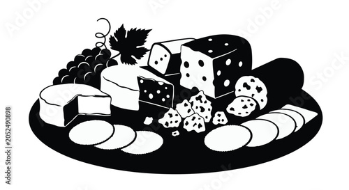 black and white illustration cheese board with dice