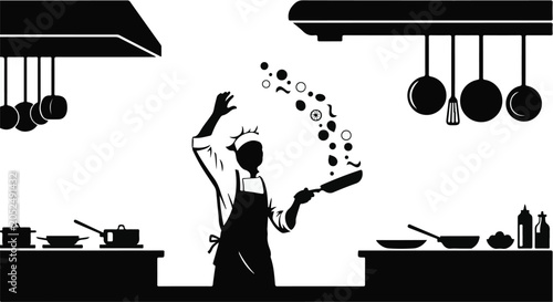 silhouette chef tossing food in kitchen