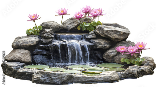 Cascading natural rock waterfall feature with small pond and blooming pink water lilies, garden water design, isolated on white background
