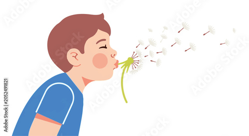 boy blowing dandelion seeds flying away