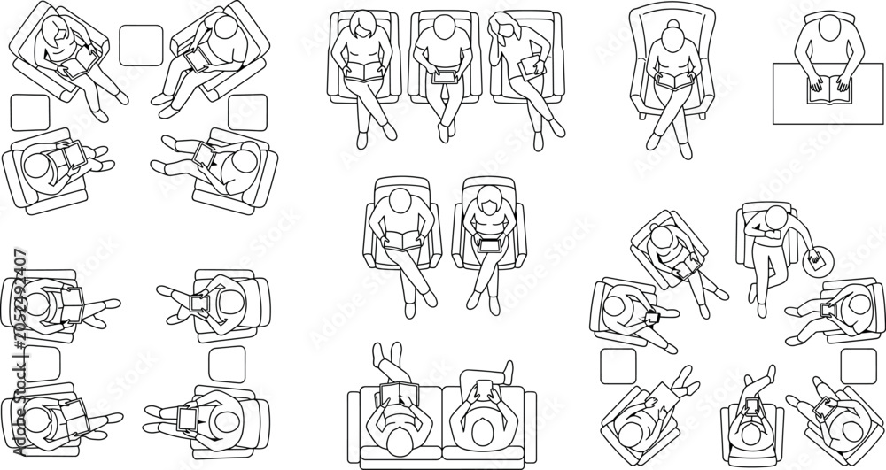 Obraz premium Top view of people sitting in armchairs reading books and using tablets in a lounge area