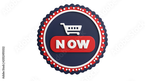 Dark navy round badge with dotted border and order now text, promotional button for online shopping, isolated on white background