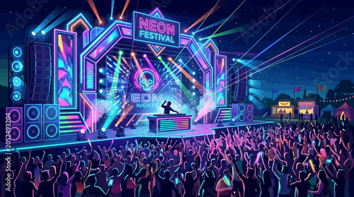 Tableau sur toile Vibrant Neon Festival Stage with DJ and Crowd at Night