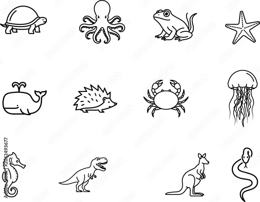 Obraz premium Diverse wildlife species presented as a set of black line art icons including marine and land animals isolated on a white background for educational use.