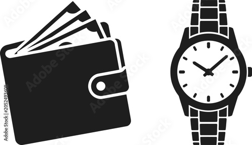 Fotografie Wallet and Wristwatch Icons with Minimalist Flat Vector Style and Copy Space for